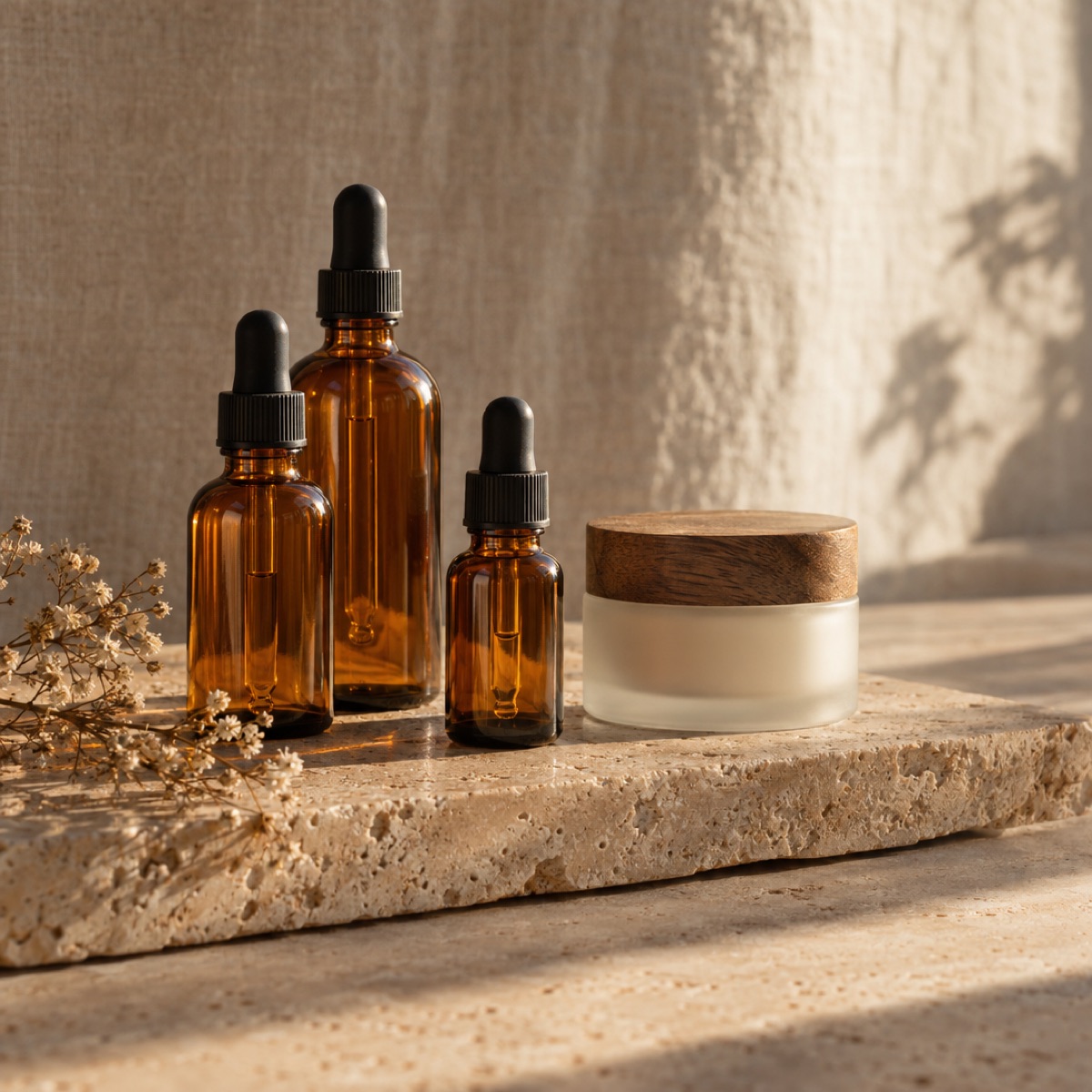 Flacons de soins en verre ambré